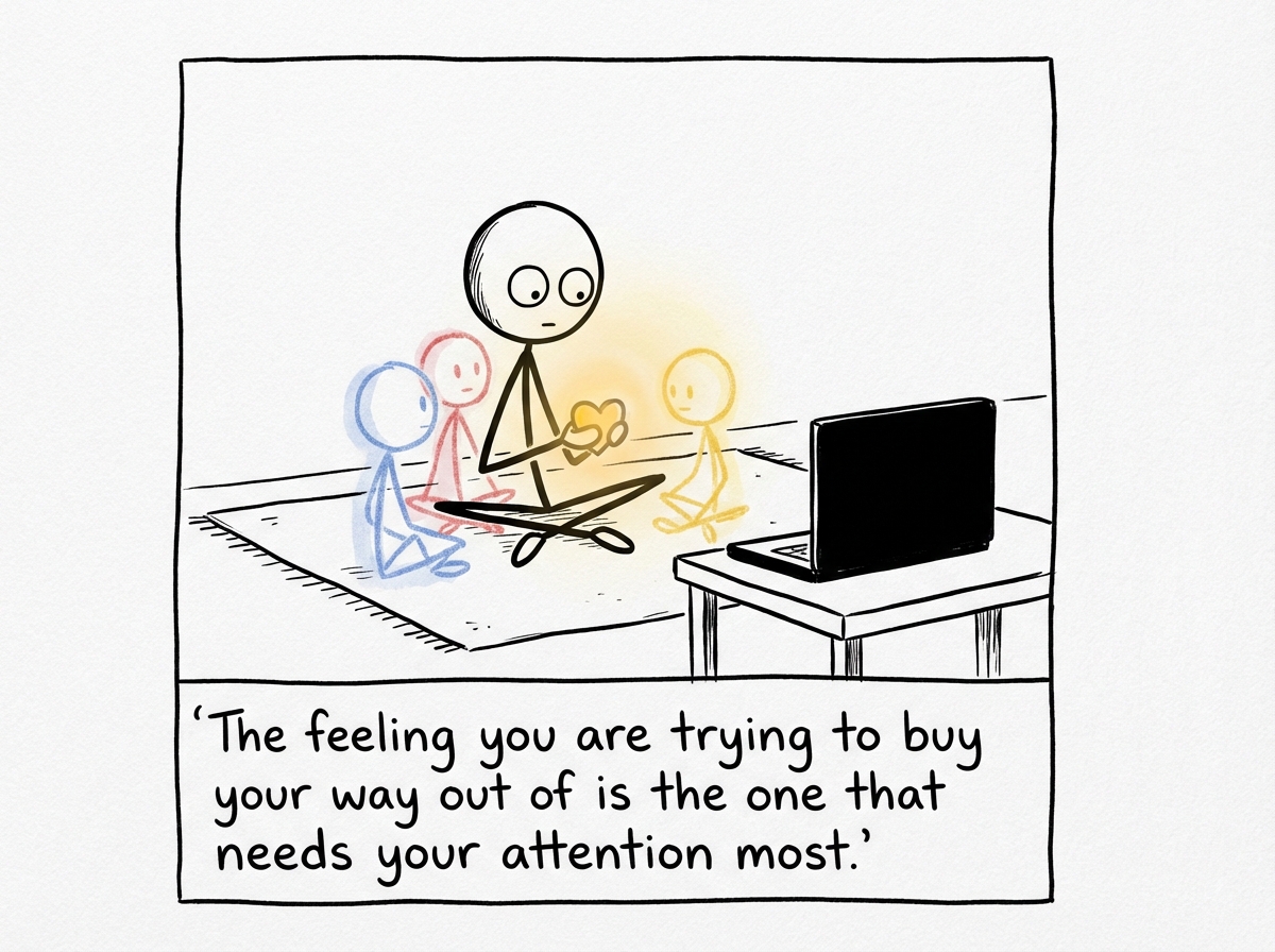 A stick figure closing the laptop and sitting with the uncomfortable feeling instead -- the rain cloud is still there, but the figure is facing it directly with a small, brave expression. A journal sits open nearby.