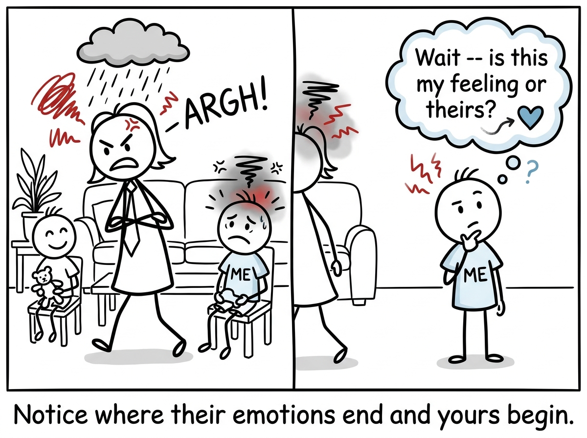 A stick figure notices their mood shifting to match a parent's bad mood and pauses, thinking 'Wait -- is this my feeling or theirs?'