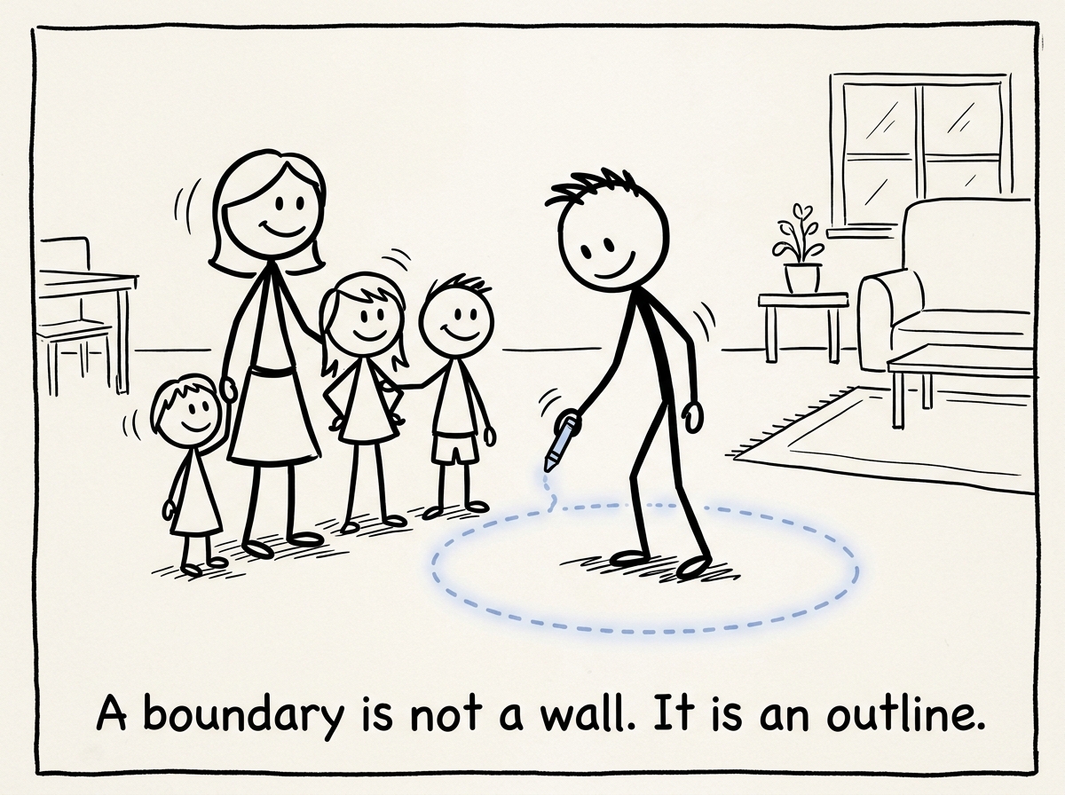 The stick figure drawing a gentle dotted line around themselves while still standing near their family
