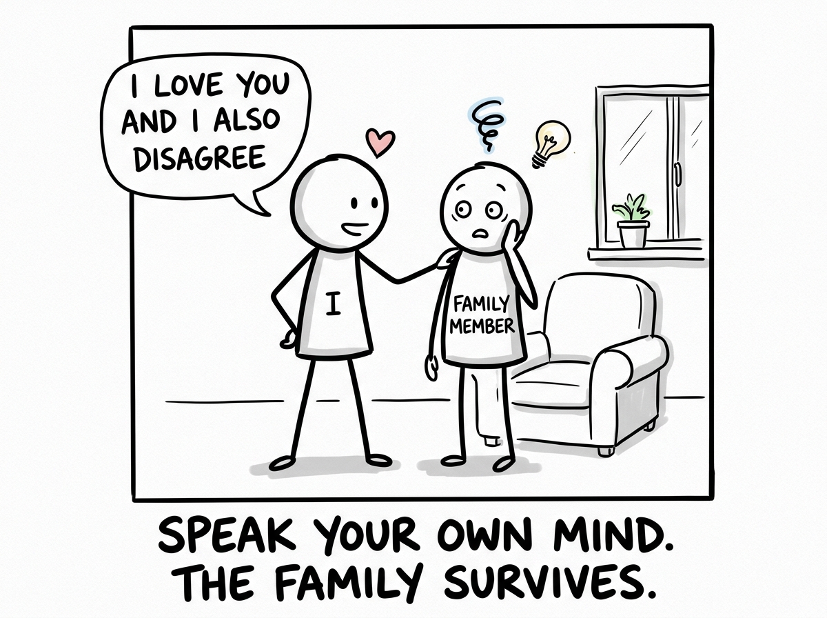 The stick figure telling a family member 'I love you and I also disagree' while the family member looks surprised but not destroyed