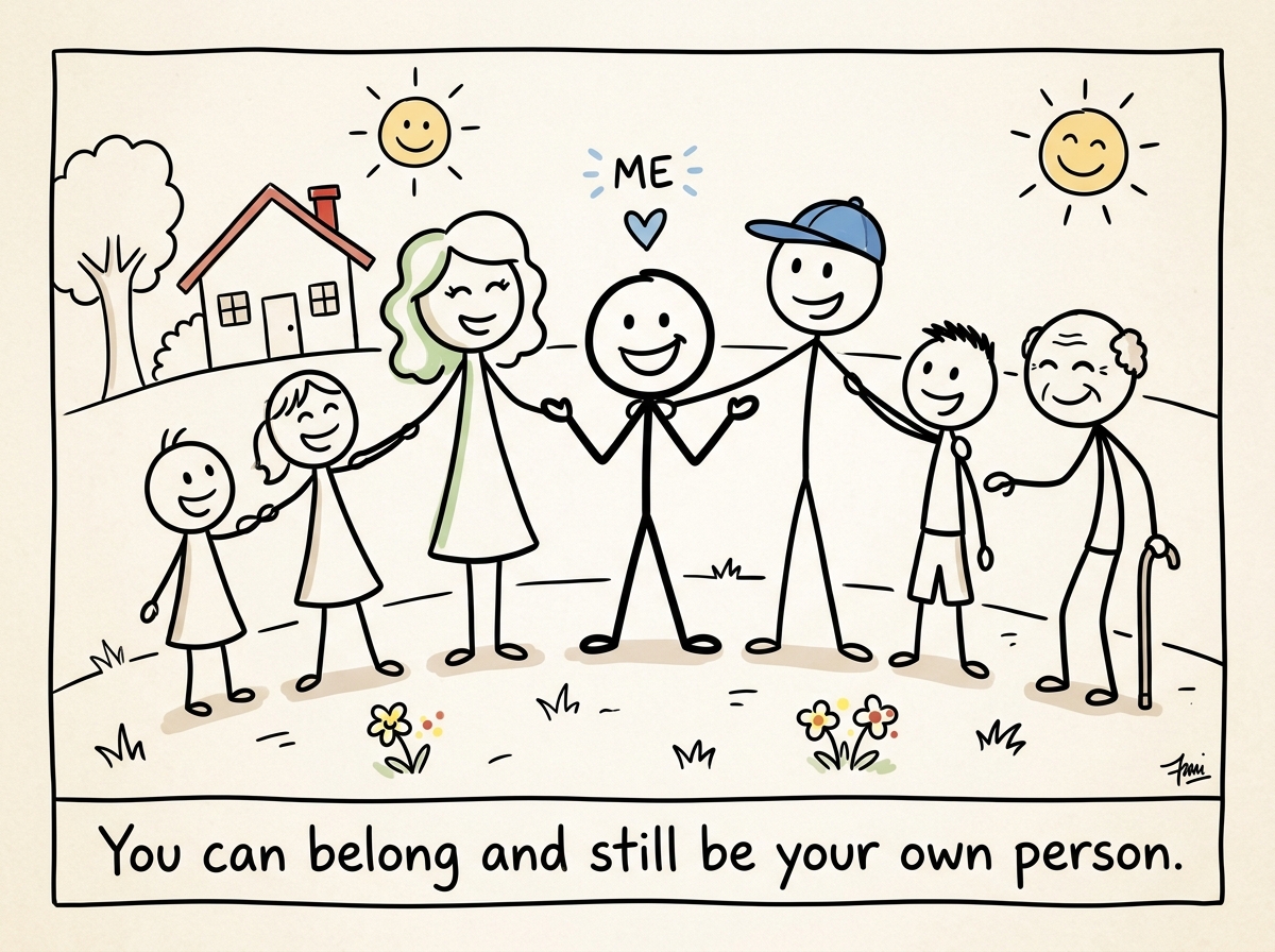 The stick figure standing among family with a clear individual outline, connected but distinct, smiling