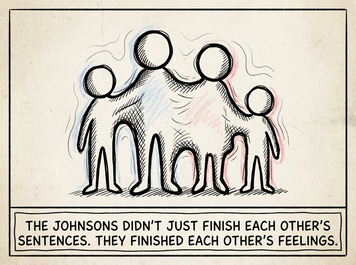 A stick figure family standing close together with overlapping outlines, their edges beginning to blur into each other