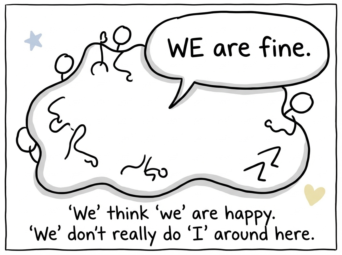 The family figures have merged into a single large blob shape, individual features barely visible, with a shared speech bubble saying 'WE are fine'