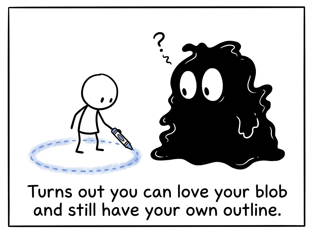 The small stick figure standing slightly apart from the blob, drawing a gentle dotted line around themselves, while the blob looks confused but intact