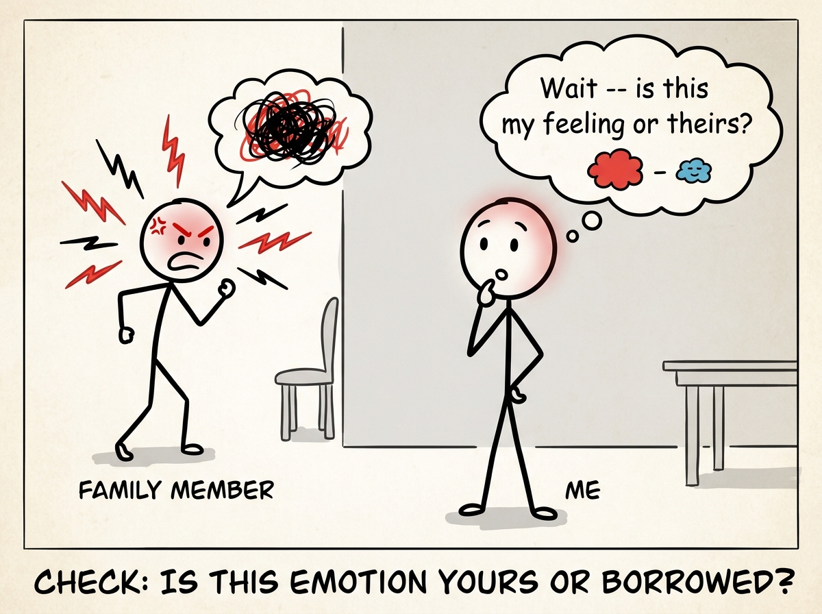 A stick figure noticing their mood shifted to match a family member's anger and pausing to think 'Wait -- is this my feeling or theirs?'