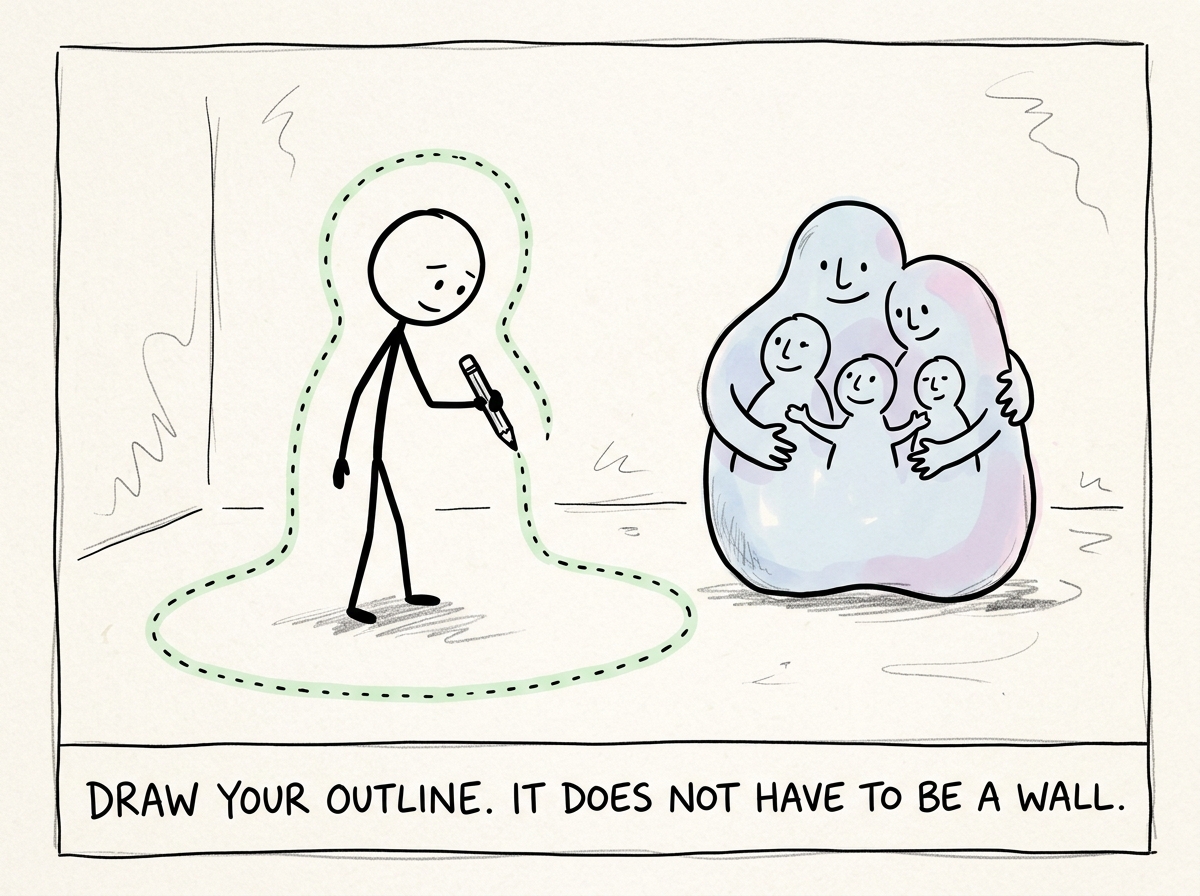 The stick figure drawing a gentle dotted boundary line around themselves while still standing near the family blob