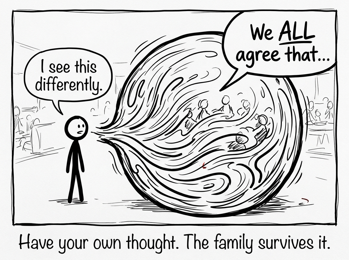 The stick figure calmly saying 'I see this differently' at a family gathering while the blob ripples but does not collapse