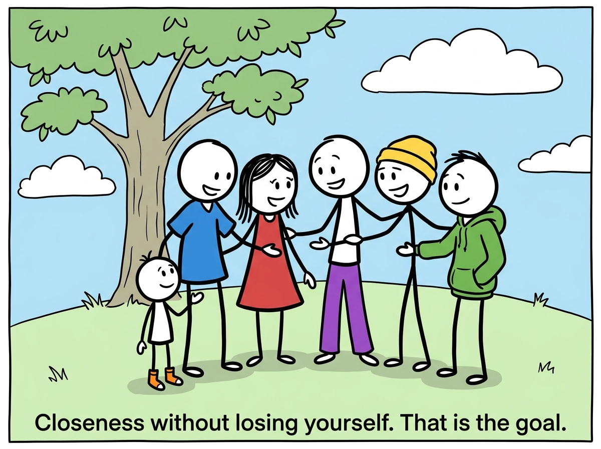 The stick figure standing among family members, each with their own distinct outline, connected by choice rather than fusion