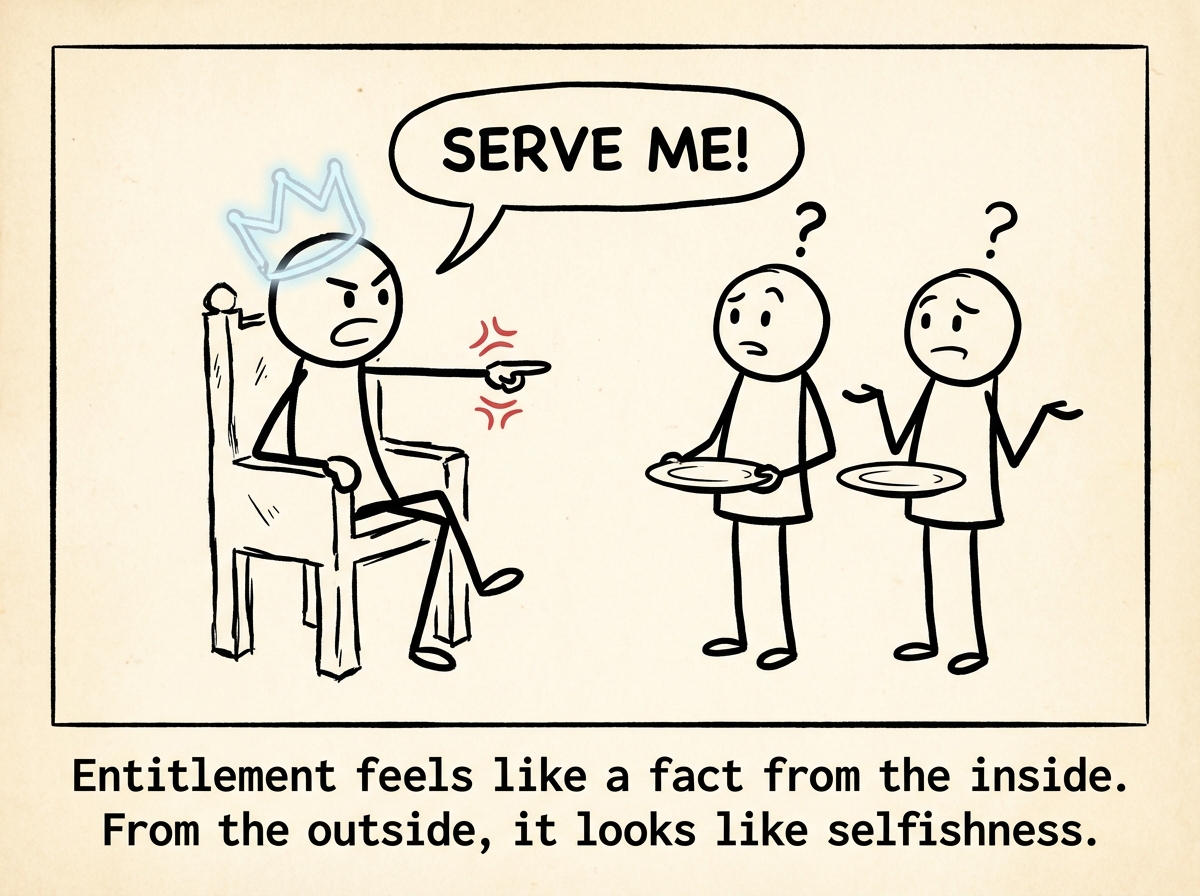 A stick figure wearing an invisible crown, pointing at others to serve them. Nobody else can see the crown. A label reads 'The crown only you can see'