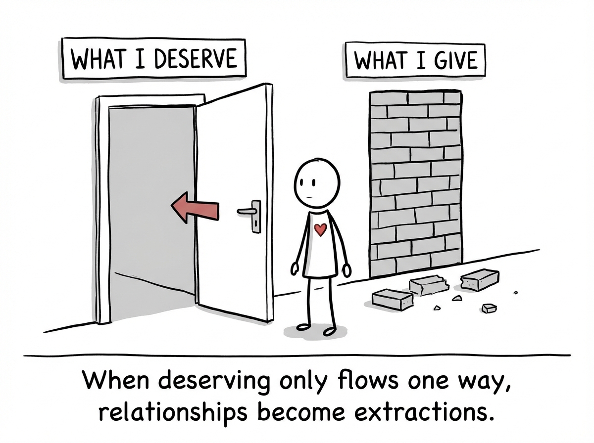 A stick figure standing at a one-way door labeled 'What I Deserve' with a bricked-over door behind them labeled 'What I Give.' The flow only goes one direction