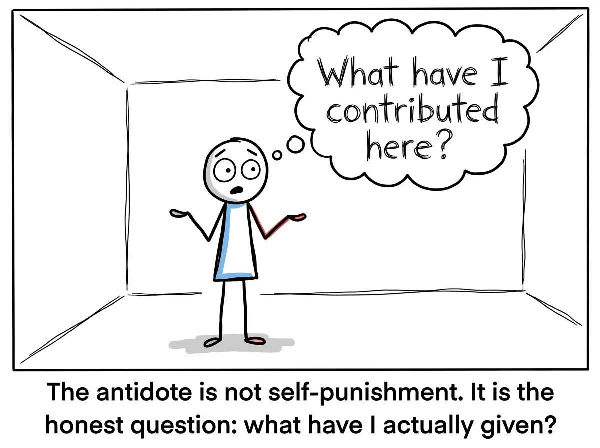 A stick figure asking 'What have I contributed here?' for the first time, looking genuinely surprised by the question. A mirror reflects not a crown but a regular person
