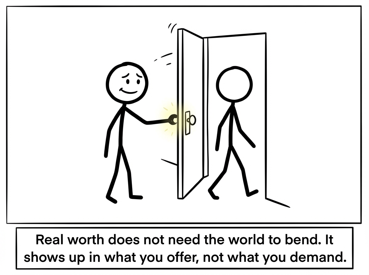 A stick figure holding a door open for someone else, looking slightly uncomfortable but doing it anyway. The invisible crown is gone. They look more real without it