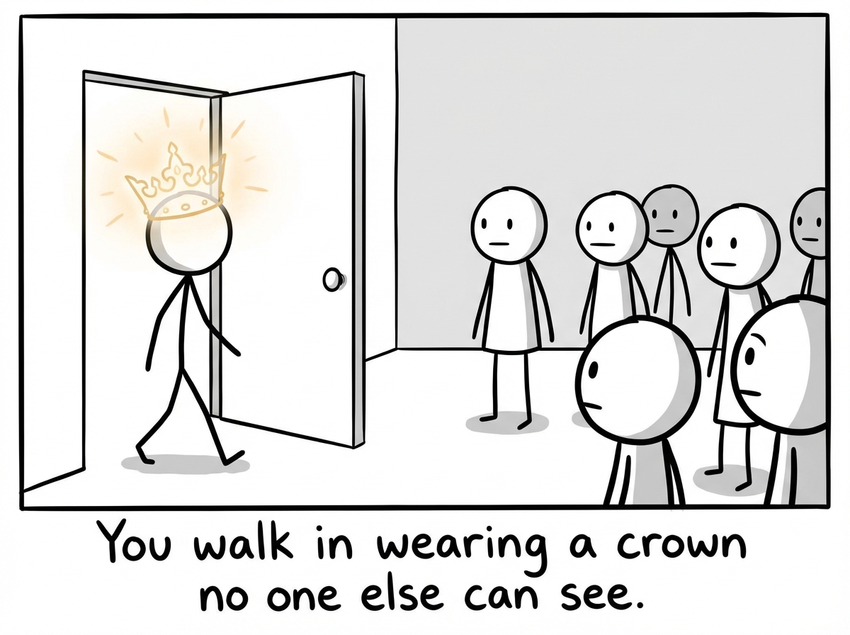 A stick figure walks into a room wearing an elaborate invisible crown. To them, it glows with golden light. To everyone else in the room, they just see a regular person walking in with an oddly expectant expression