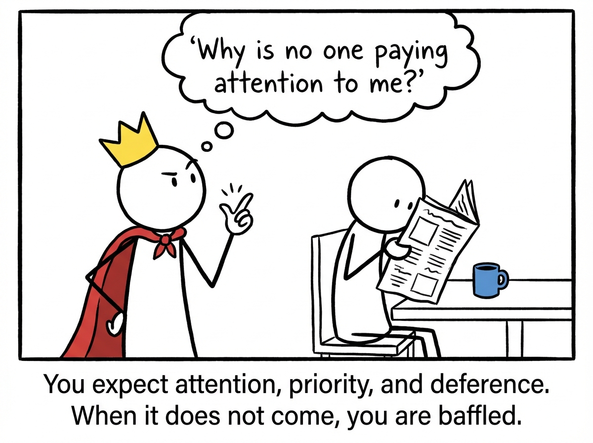 The crowned stick figure snaps their fingers at a friend, expecting them to drop what they are doing. The friend looks confused. A thought bubble from the crowned figure reads 'Why is no one paying attention to me?'