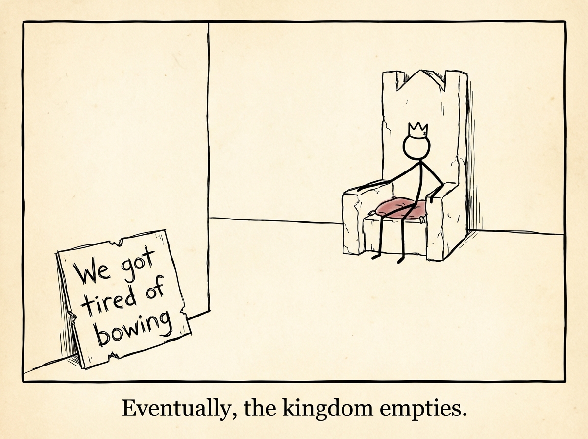 The stick figure sits alone on a throne in an empty room. Everyone has left. The crown still glows, but the kingdom is empty. A sign on the door reads 'We got tired of bowing'