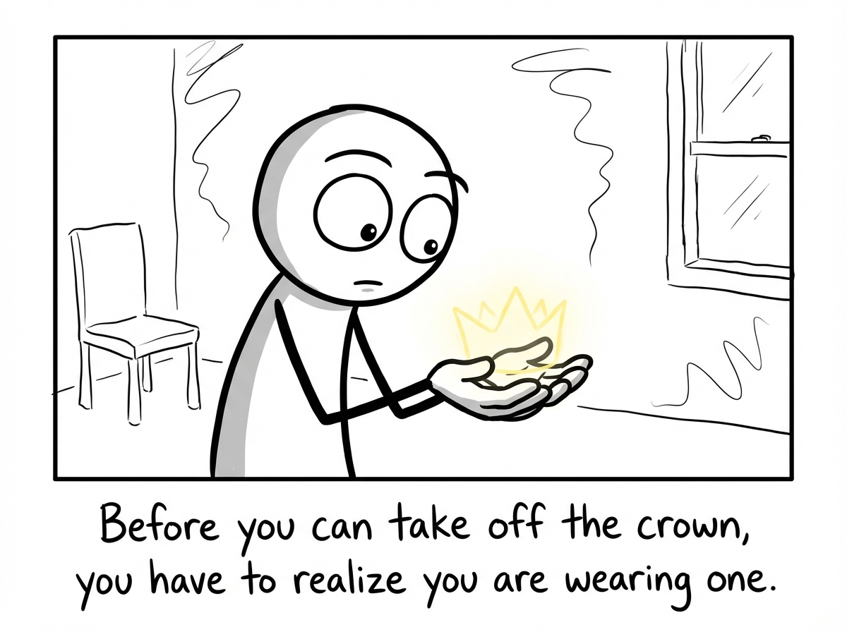 A stick figure looking at the invisible crown in their hands, examining it for the first time instead of wearing it. A thought bubble reads 'Where did this come from?'