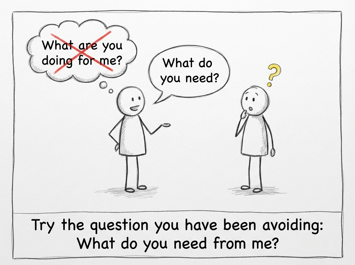 A stick figure asking someone 'What do you need?' instead of 'What are you doing for me?' The other person looks surprised and touched