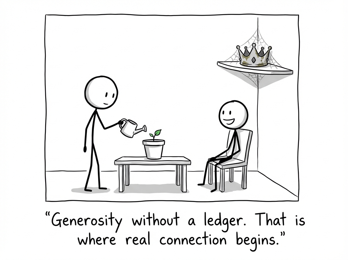 A stick figure doing something small for someone else without keeping score -- holding a door, listening, helping. The crown on the shelf behind them gathers dust