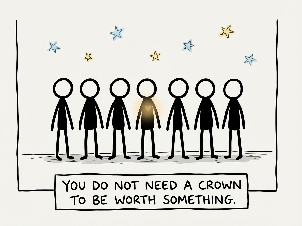 A stick figure standing at the same level as everyone else. No throne, no crown, no pedestal. Just a person among people. They look uncomfortable but present