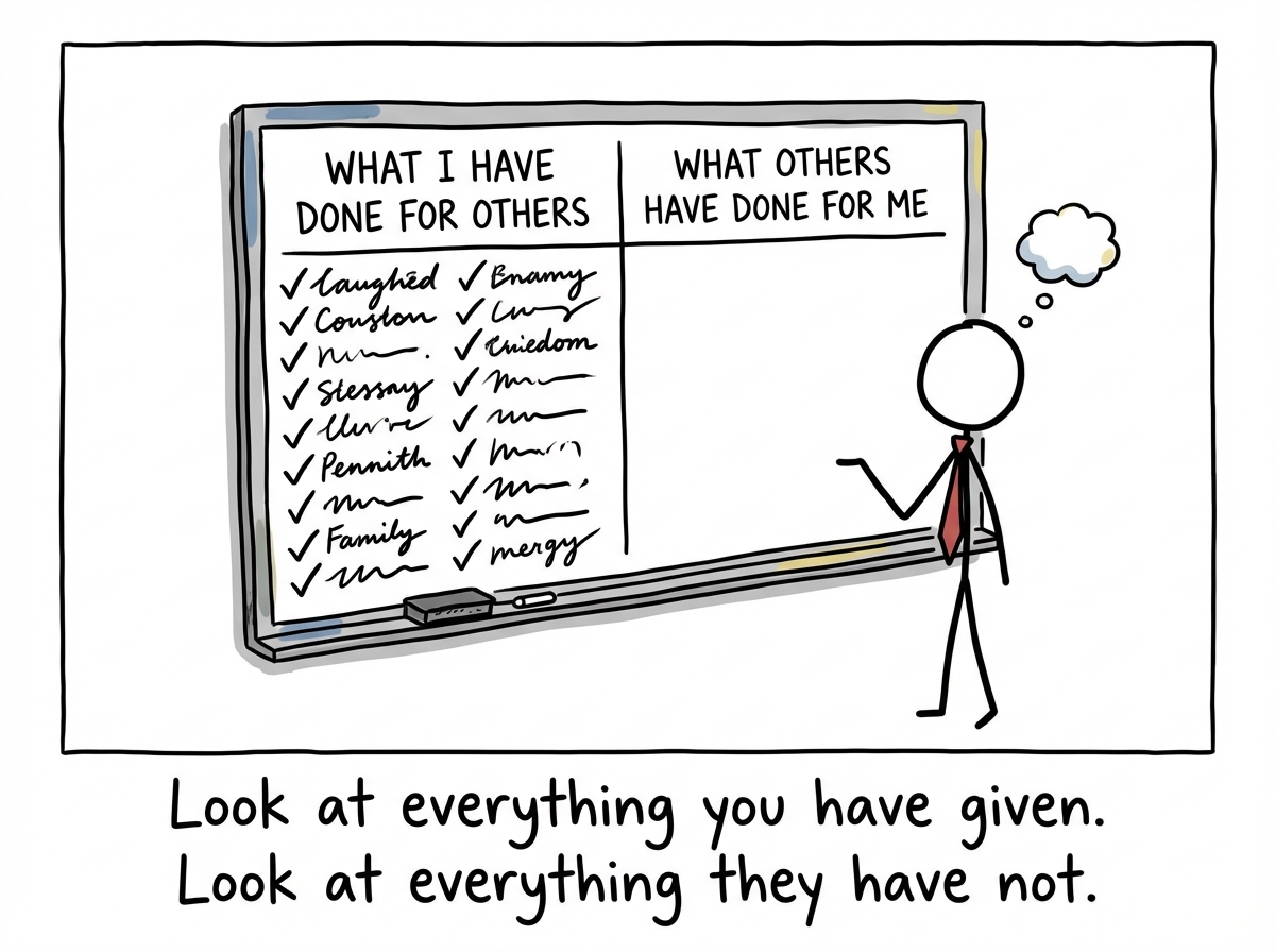 A stick figure standing next to a large scoreboard. The left column labeled 'What I Have Done for Others' is full of entries. The right column labeled 'What Others Have Done for Me' is completely empty. The figure gestures at the board with self-righteous indignation