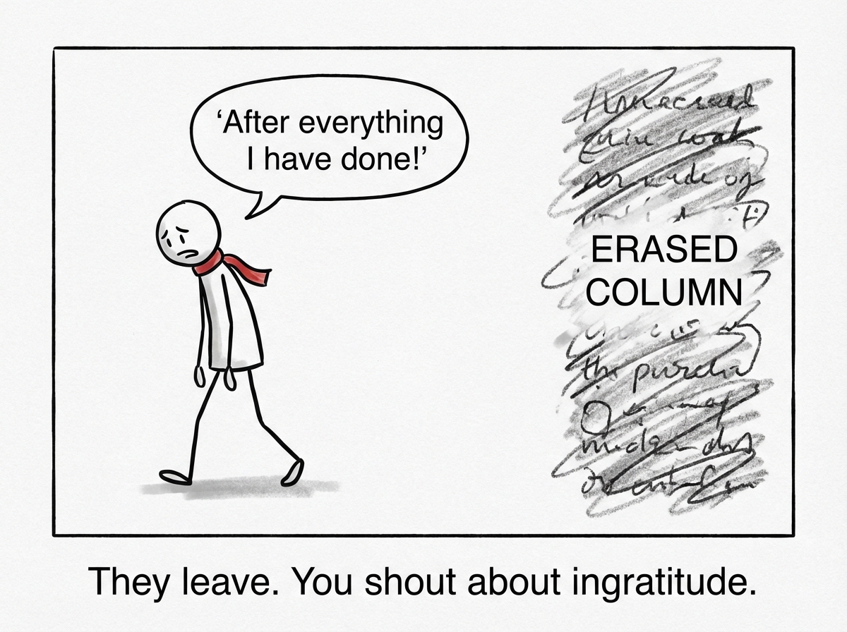 The friend walks away exhausted. The stick figure shouts 'After everything I have done for you!' The scoreboard behind them reveals the truth: both columns are equally full, but one side has been erased repeatedly