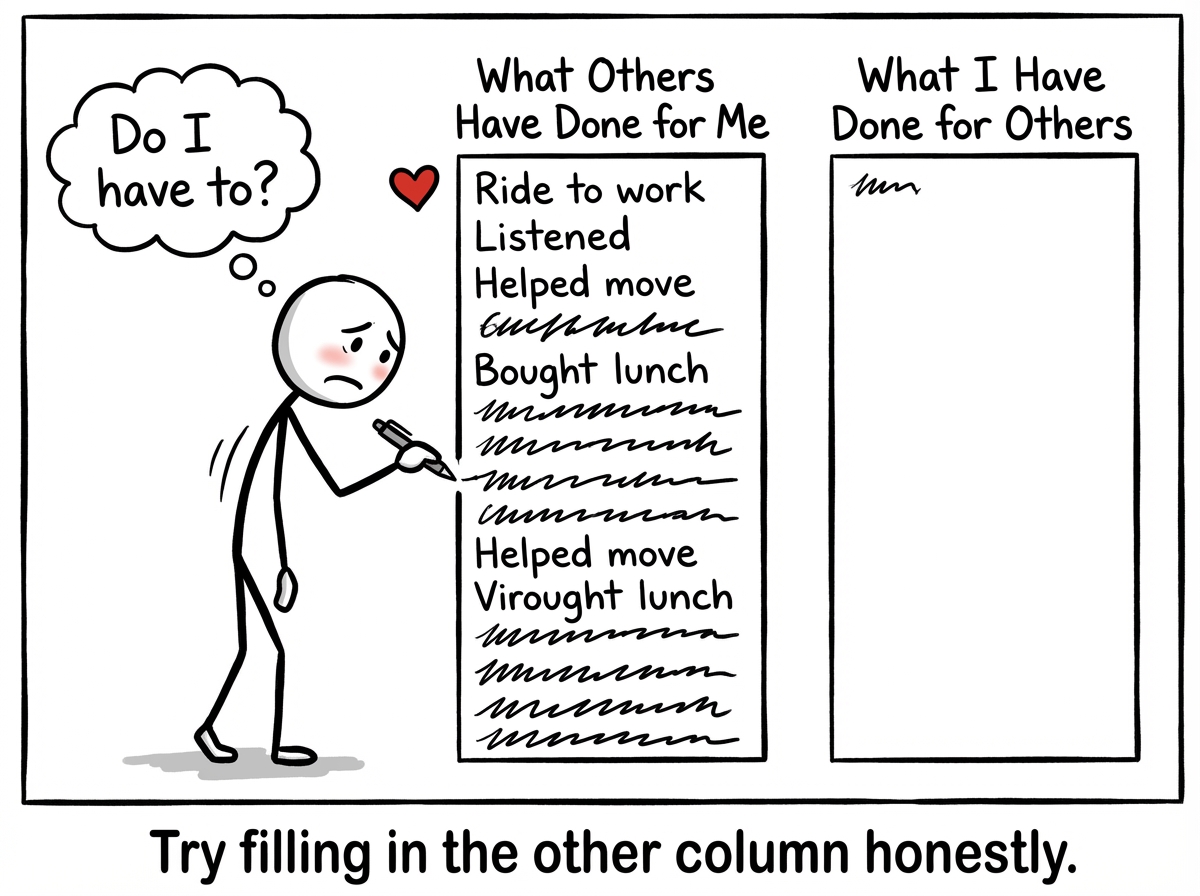 A stick figure reluctantly adding items to the 'What Others Have Done for Me' column for the first time. The column fills up fast. Their expression changes from indignation to surprise
