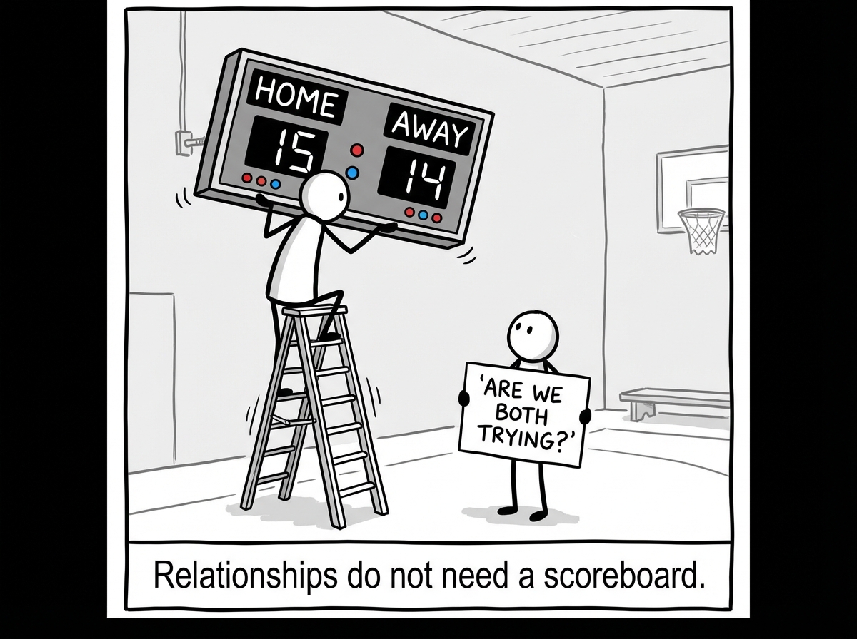 A stick figure taking down the scoreboard entirely and replacing it with a simple question: 'Are we both trying?' The question feels lighter than the scoreboard