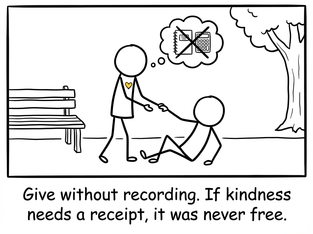 A stick figure doing something kind without mentally adding it to the ledger. No tally mark. No expectation of return. Just the act itself