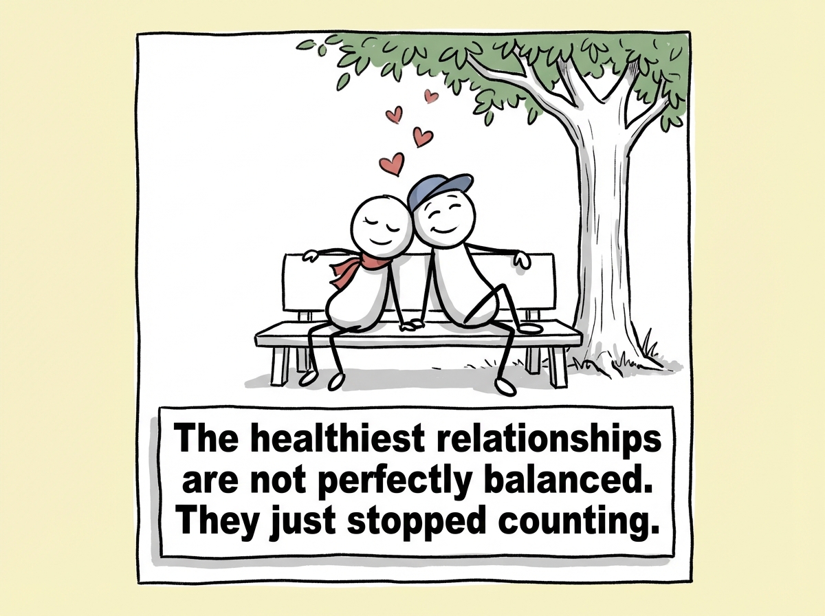Two stick figures sitting together, no scoreboard in sight. Both look relaxed. A label reads 'Even.' Not because the math works out, but because neither is counting
