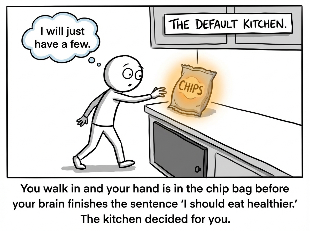A stick figure walks into their kitchen and immediately makes eye contact with a large bag of chips sitting at exact eye level on the counter, brightly colored and practically glowing. The fruit bowl is shoved into a low cabinet with the door closed, completely invisible. A box of cookies sits next to the chips. The figure's hand is already reaching for the chips before their brain has even fully registered the scene. A thought bubble reads 'I will just have a few.' The kitchen is labeled 'THE DEFAULT KITCHEN.'
