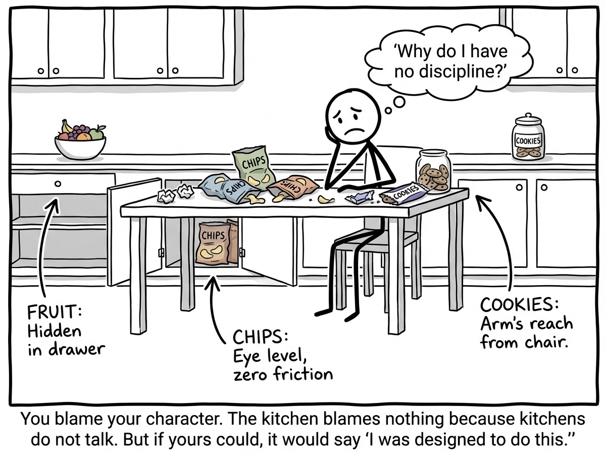 The stick figure is sitting at the kitchen table, surrounded by empty chip bags and cookie wrappers, looking defeated and confused. A thought bubble reads 'Why do I have no discipline?' Meanwhile, the kitchen layout is highlighted with annotations visible to the reader but invisible to the figure: arrows pointing to 'CHIPS: Eye level, zero friction,' 'FRUIT: Hidden in drawer, three steps away,' 'COOKIES: Arm's reach from the chair.' The figure blames themselves while the environment smirks in the background.
