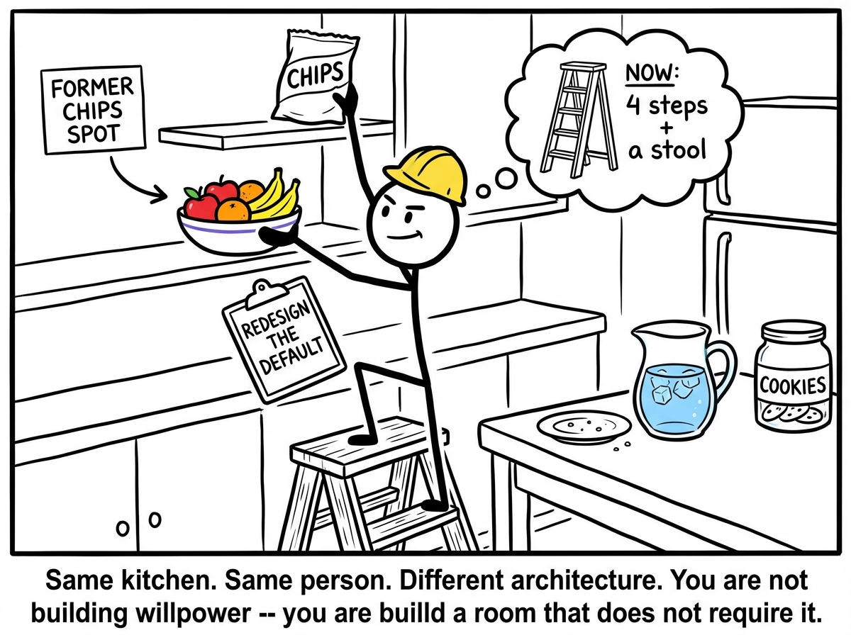 The stick figure is actively redesigning the kitchen. They are placing a bright, colorful fruit bowl at eye level on the counter where the chips used to be. The chips are being relocated to a high shelf that requires a step stool to reach, labeled 'NOW: 4 steps + a stool.' A water pitcher replaces the cookies on the table. The figure has a focused, almost scientific expression, wearing a small hard hat as if this is a construction project. A clipboard in their hand reads 'REDESIGN THE DEFAULT.'