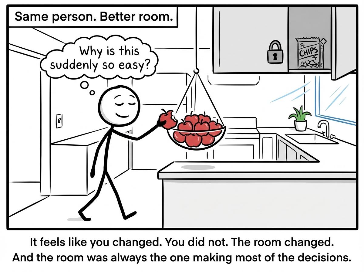 The stick figure walks into the redesigned kitchen and reaches for an apple from the fruit bowl now sitting at eye level, biting into it casually without any visible internal struggle. The chips are nowhere in sight -- tucked away on the high shelf behind a closed cabinet. The figure's expression is relaxed, almost puzzled, with a thought bubble that reads 'Why is this suddenly so easy?' A small label at the bottom of the panel reads 'Same person. Better room.' The kitchen now looks like an ally instead of a trap.