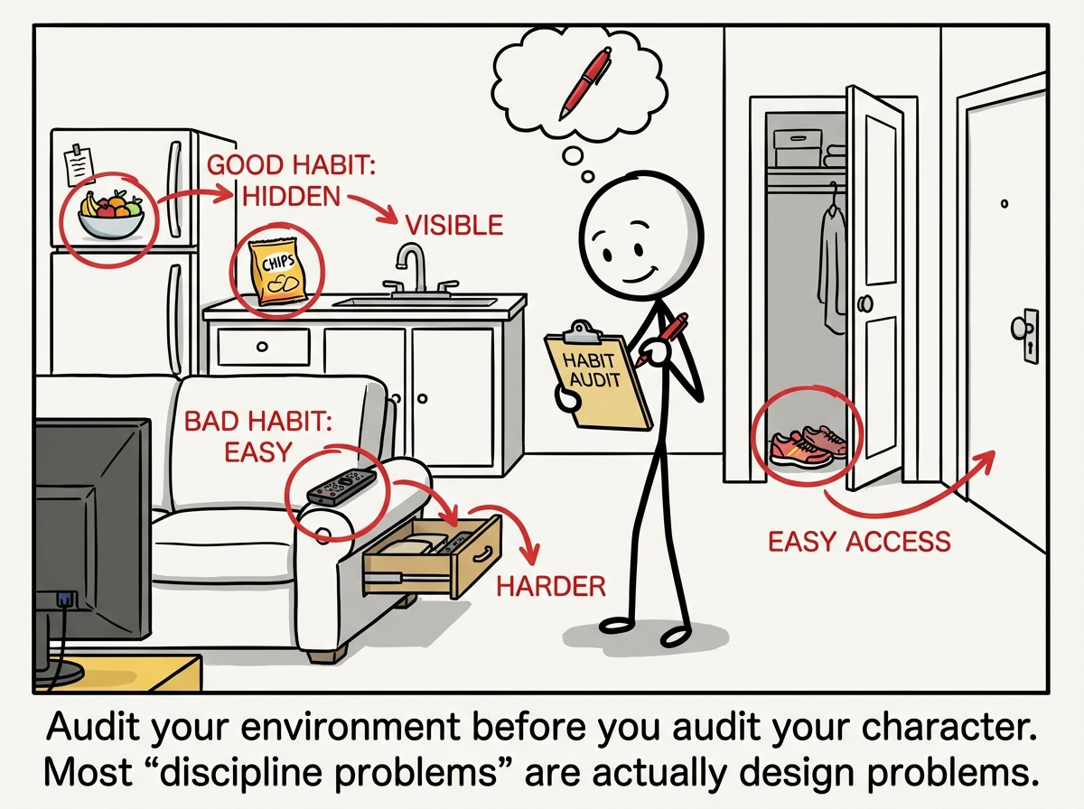 A stick figure surveying their living space with a clipboard, circling the friction points -- where bad habits are easy and good habits are hidden -- and drawing arrows to show how small rearrangements could flip the defaults.