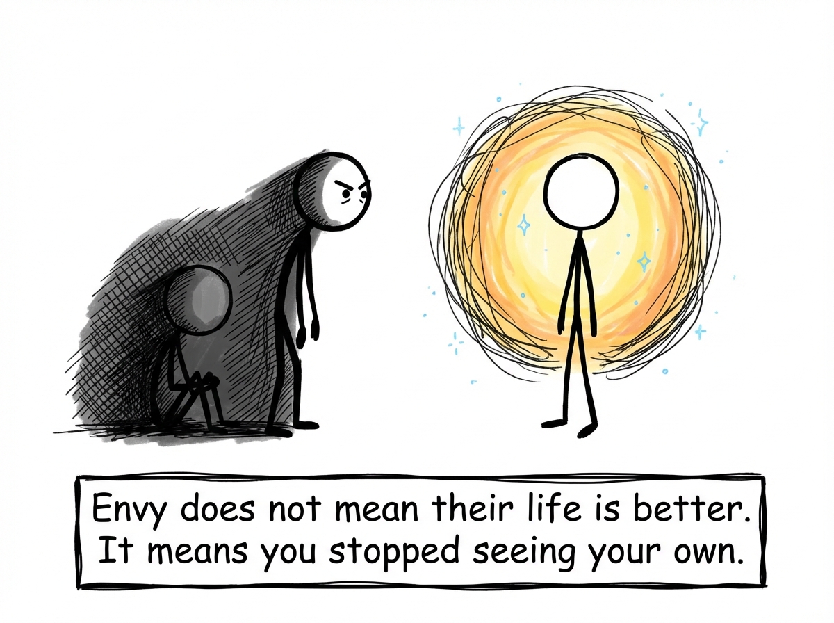 A stick figure staring at another person's glowing life while their own life sits behind them in shadow -- not because it is bad, but because they stopped looking at it