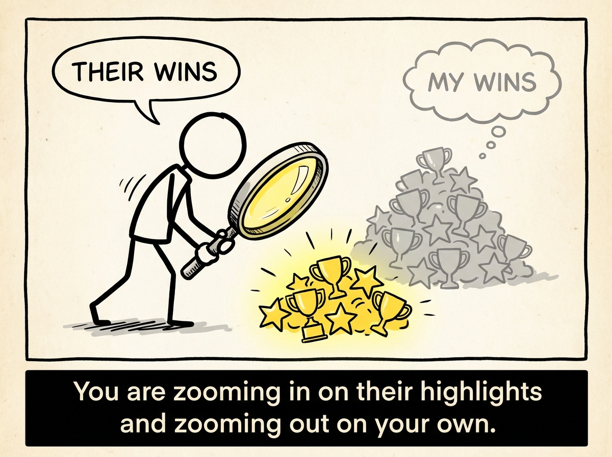 A stick figure holding a magnifying glass over someone else's wins. Under the glass, the wins are huge. Behind the figure, their own wins are the same size but ignored