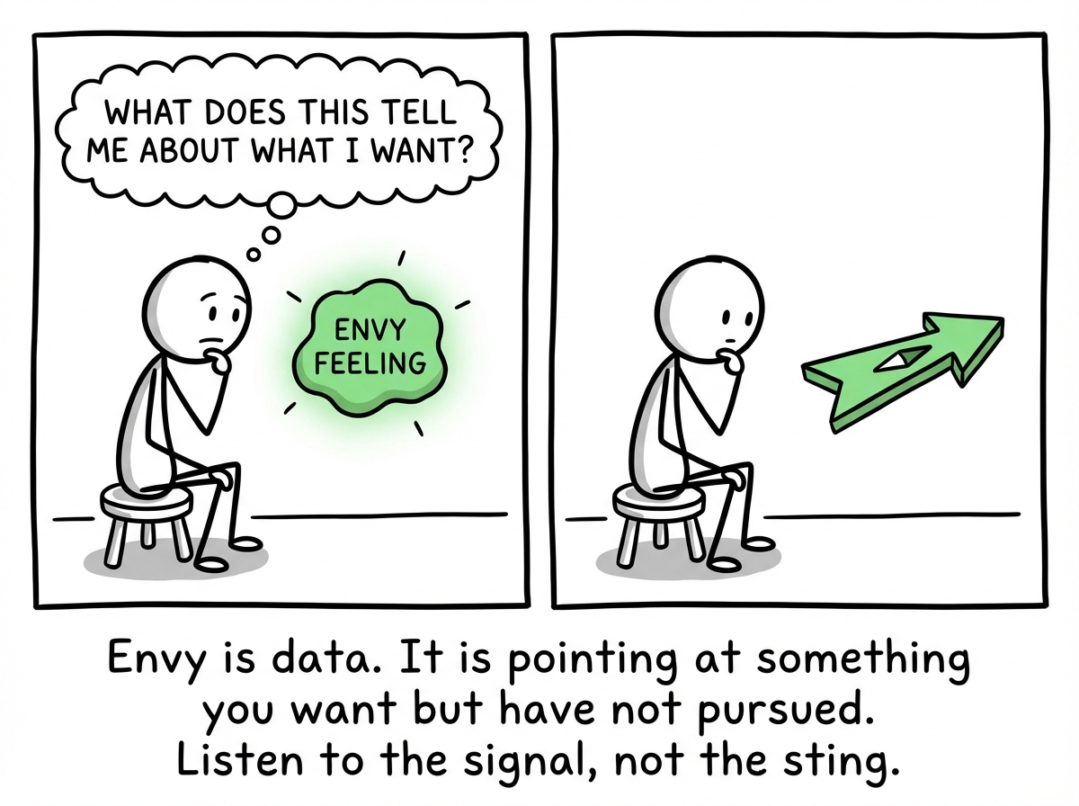 A stick figure sitting with the envy feeling instead of acting on it, asking 'What does this tell me about what I want?' The envy transforms into a compass arrow