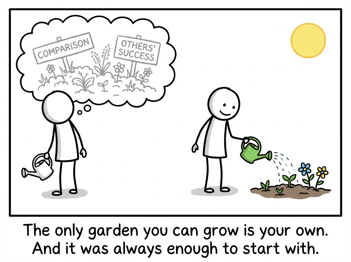 A stick figure turning away from the comparison and watering their own garden. The garden is small but growing. The other person's garden is no longer visible