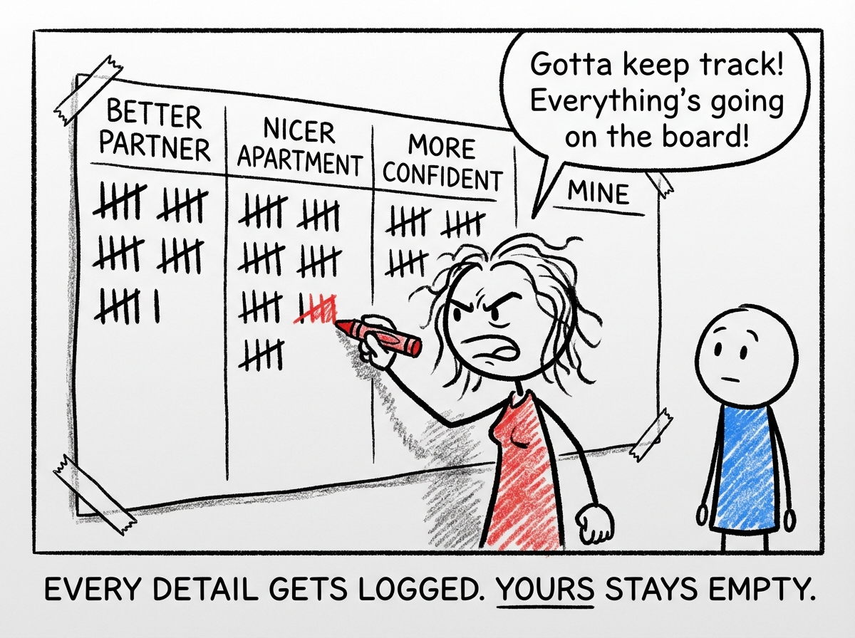The green-eyed accountant is now tallying furiously: 'Better partner: +1. Nicer apartment: +1. More confident: +1. Mentioned a vacation: +1.' Each item glows on the spreadsheet. The figure's own life column remains blank