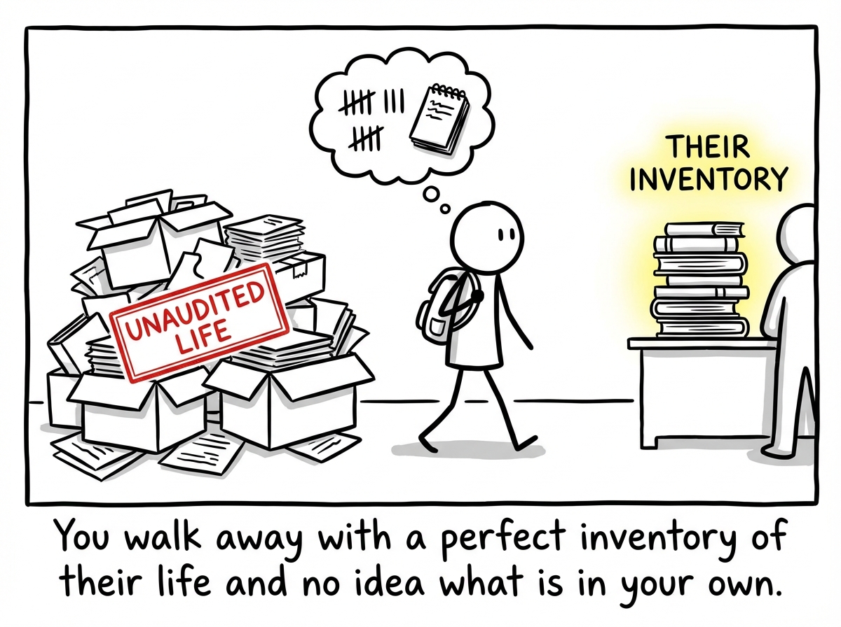 The stick figure walks away from the conversation replaying the tally. Behind them, their own life -- a decent job, good friends, a cozy home -- sits in a pile marked 'Unaudited.' They do not look at it