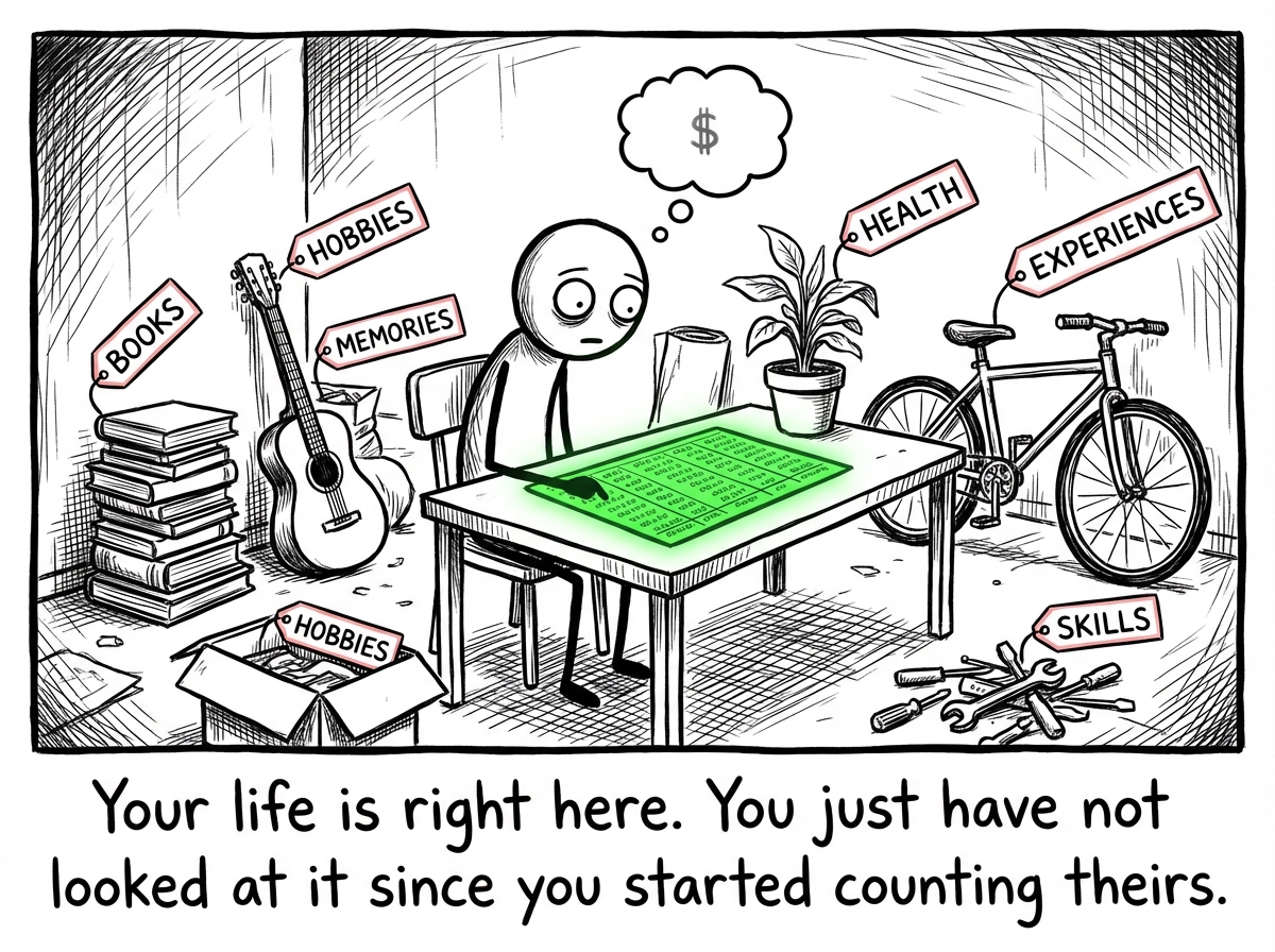 The stick figure sits at home surrounded by their unaudited assets, staring at the green spreadsheet. Everything in the room is good but invisible to them. A label reads 'You counted everything they have and nothing you have'