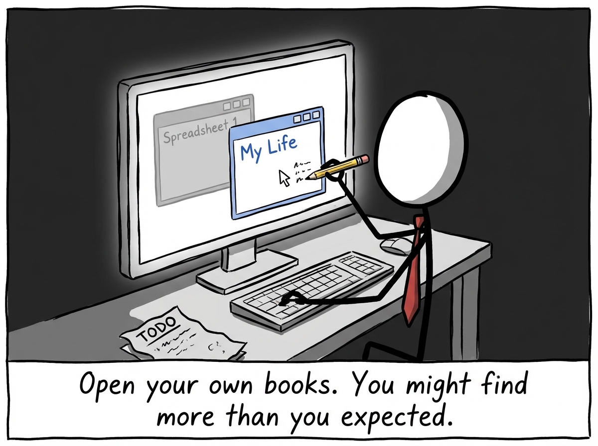 A stick figure opening a second spreadsheet labeled 'My Life' and beginning to fill it in. The list is longer than expected. Surprise on their face