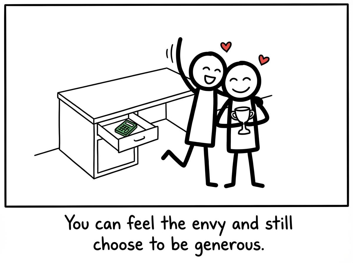 A stick figure celebrating a friend's success genuinely -- not because the envy is gone, but because they chose generosity over accounting. The green calculator is in a drawer