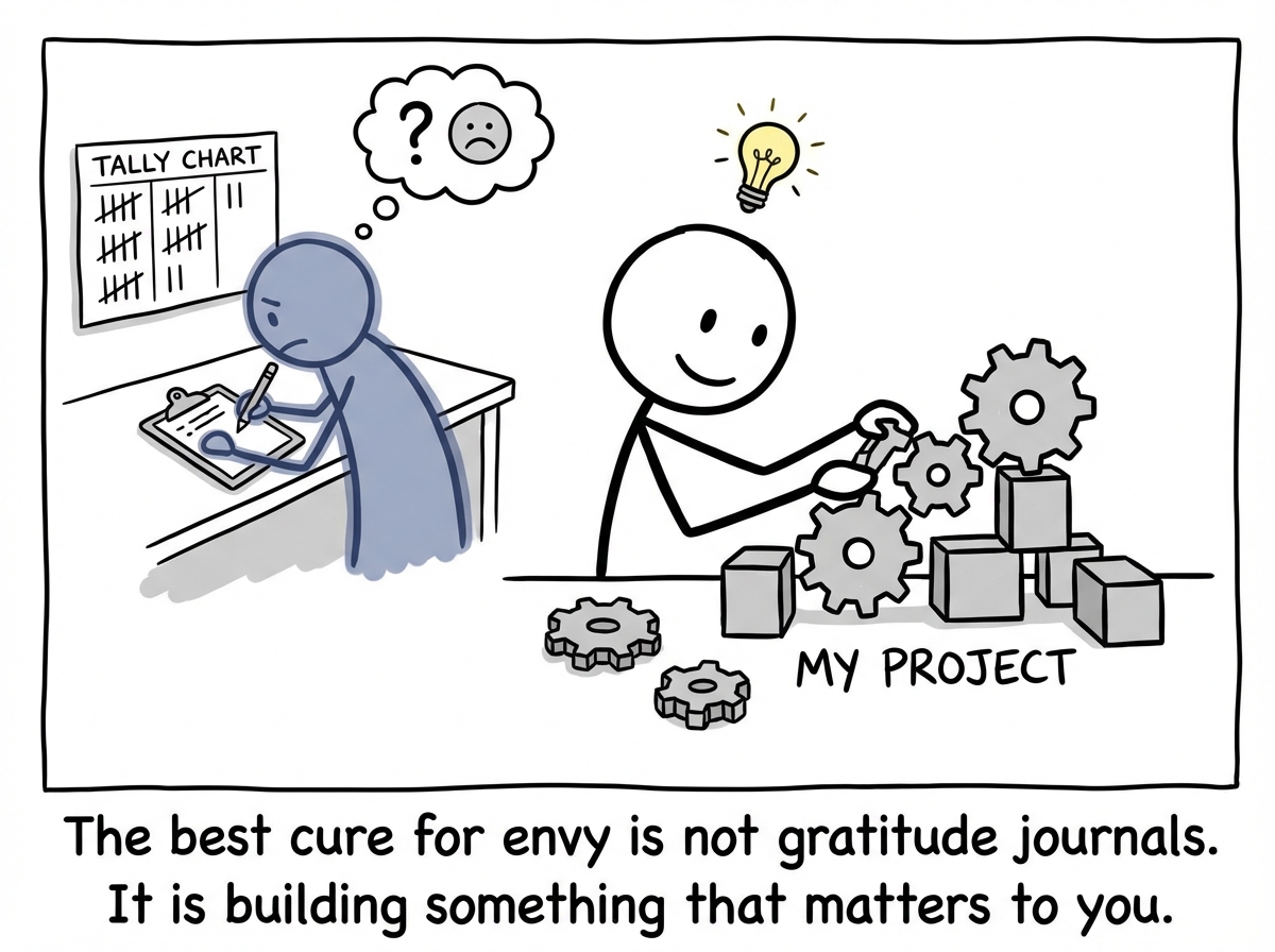 A stick figure investing their energy in their own life -- working on a project, building something real -- instead of tallying someone else's. The green tint fades from the room