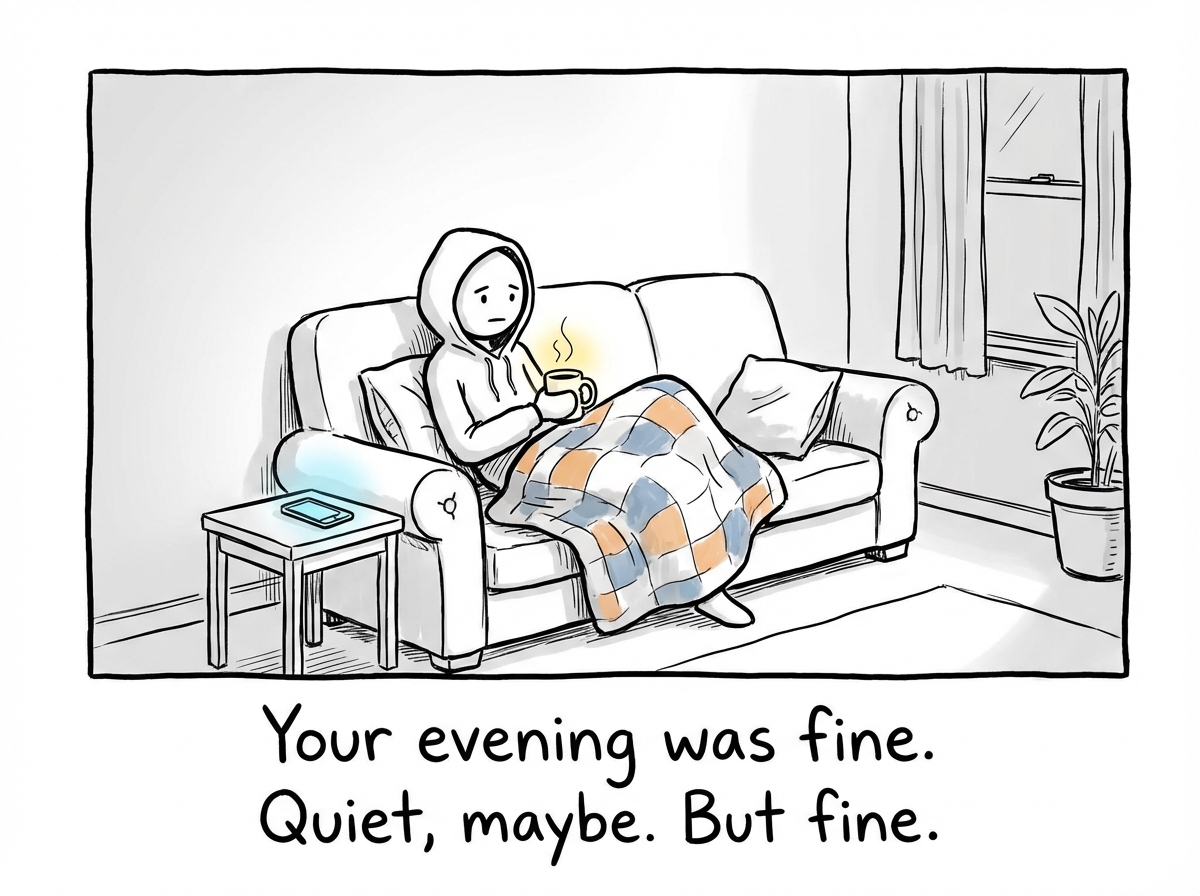 A stick figure sitting on a couch having a perfectly fine evening -- warm drink, cozy blanket, calm face. Their life is small but good. A phone glows nearby