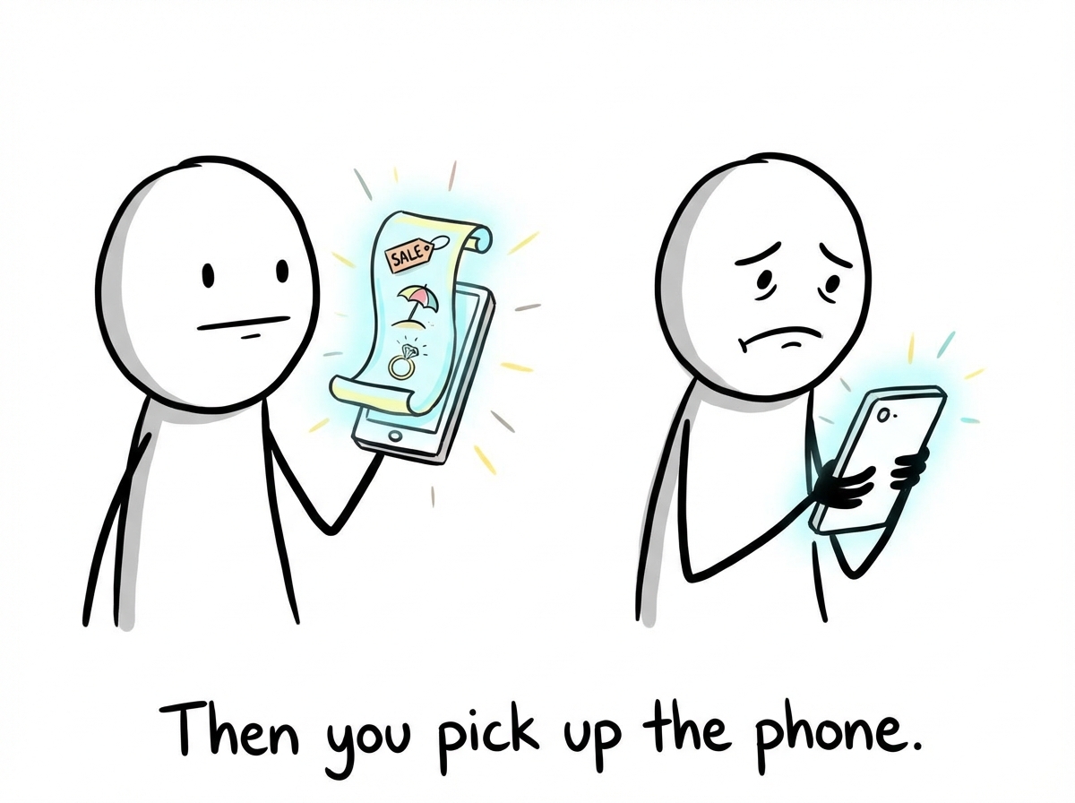 The stick figure picks up the phone and scrolls. A glowing feed shows: someone's promotion announcement, someone's beach vacation, someone's engagement ring, someone's perfect family photo. Each post is radiant. The figure's face starts to fall