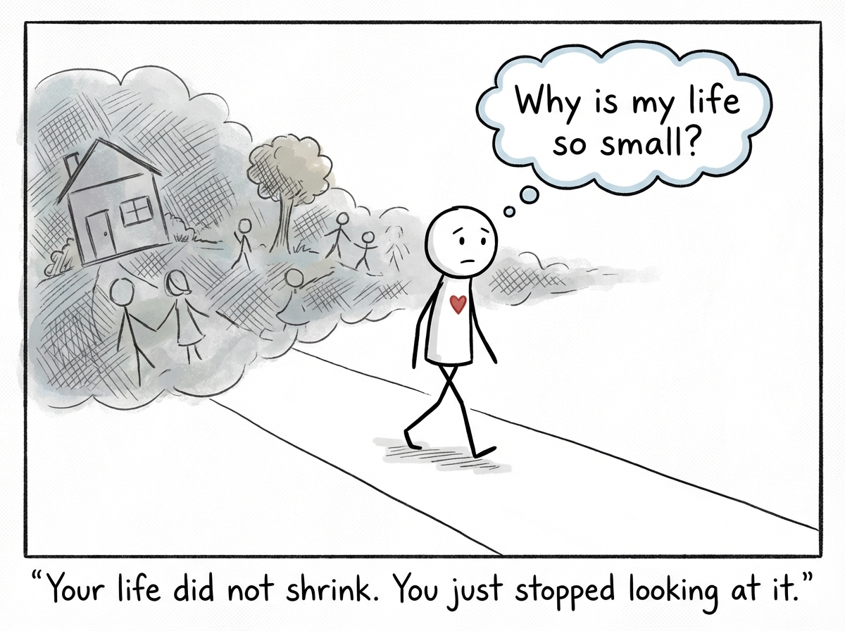 The stick figure's own life -- the cozy evening, the warm drink, the calm room -- has faded to grey and shrunk behind them. They are now fully absorbed in the glowing feed. A thought bubble reads 'Why is my life so small?'