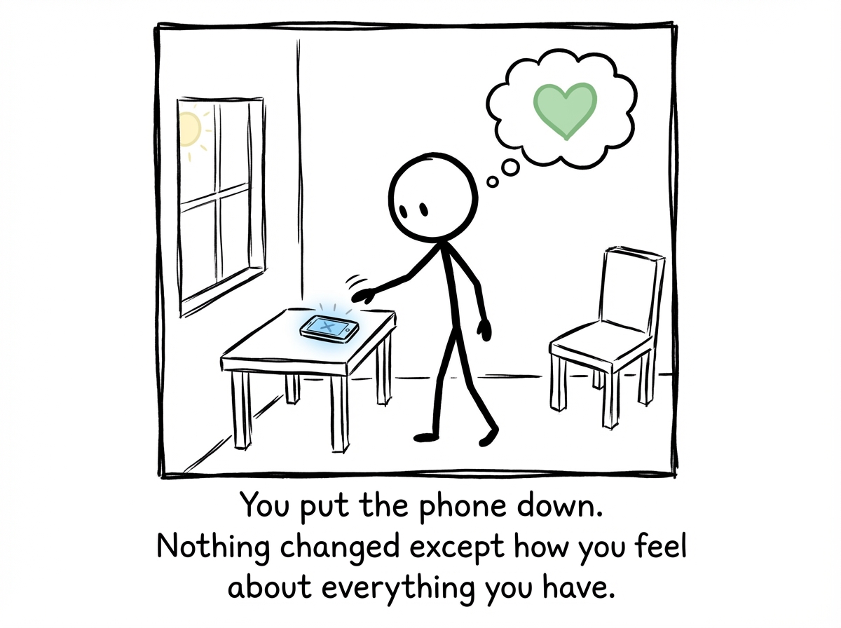The stick figure puts the phone down and looks around. Their real life is still there, unchanged. But they cannot see it the same way anymore. A label reads 'The poison was the comparison, not the content'