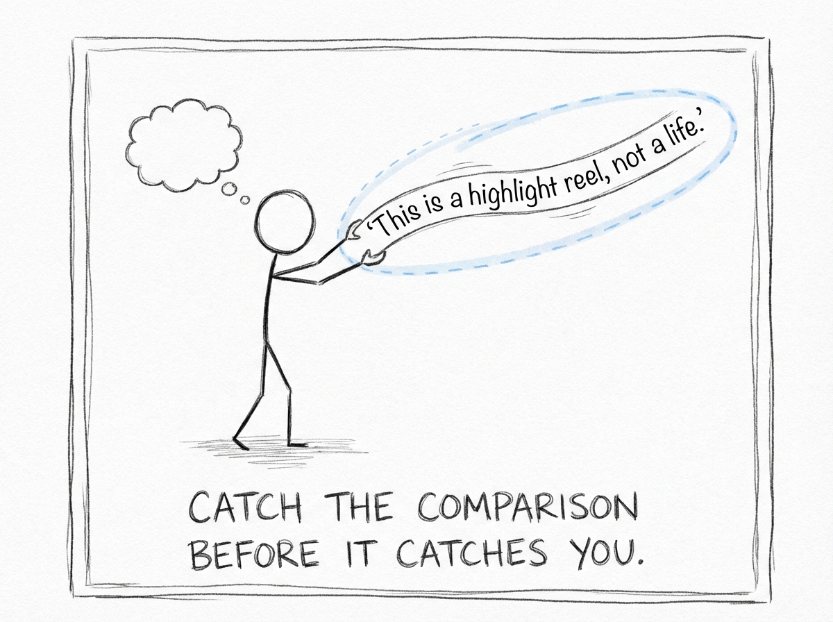 A stick figure catching the comparison in real time: 'I am about to feel bad because of someone else's vacation photo.' The awareness creates a small buffer between trigger and reaction