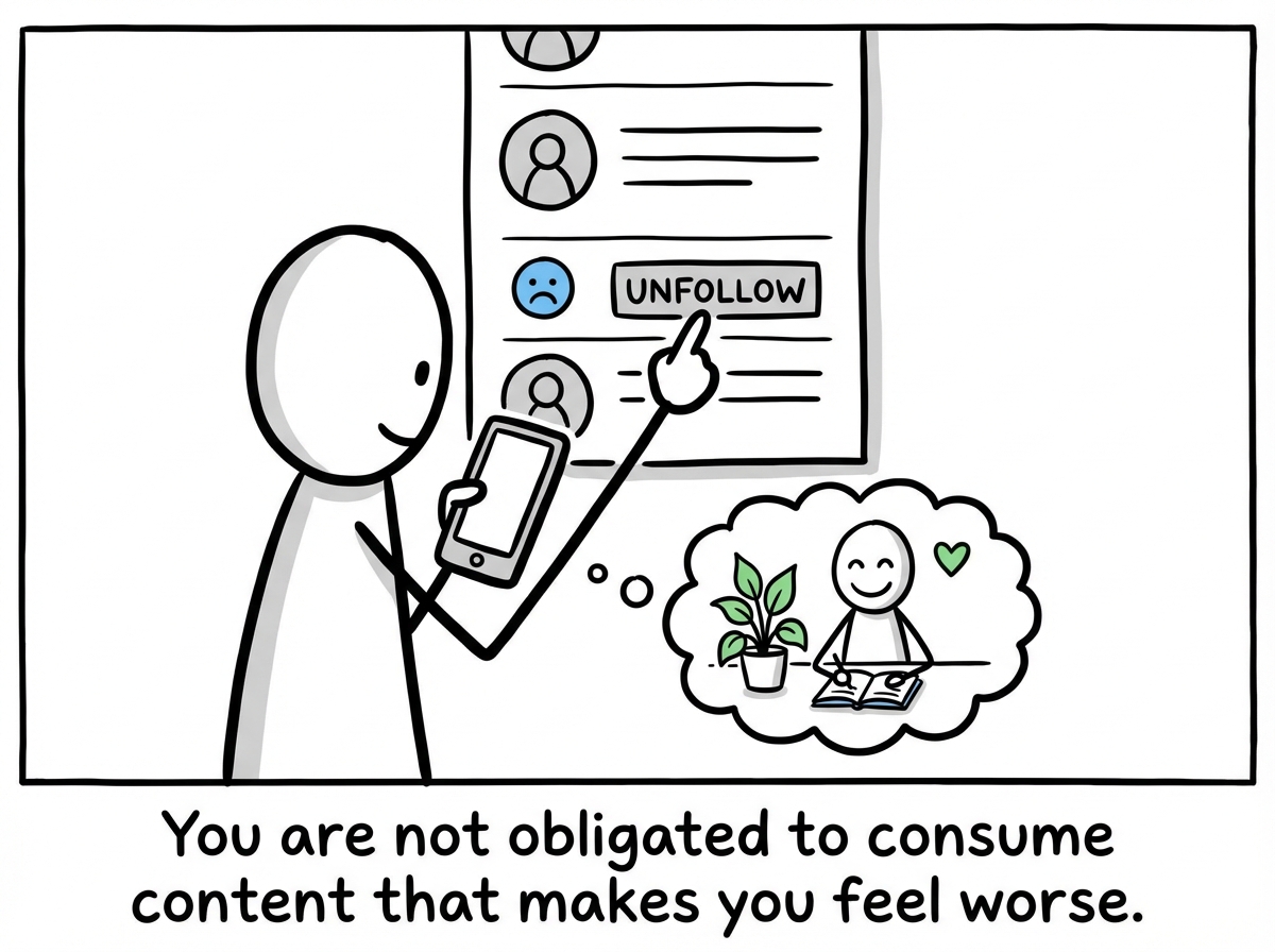 A stick figure unfollowing accounts that consistently trigger envy, curating their feed with intention rather than habit